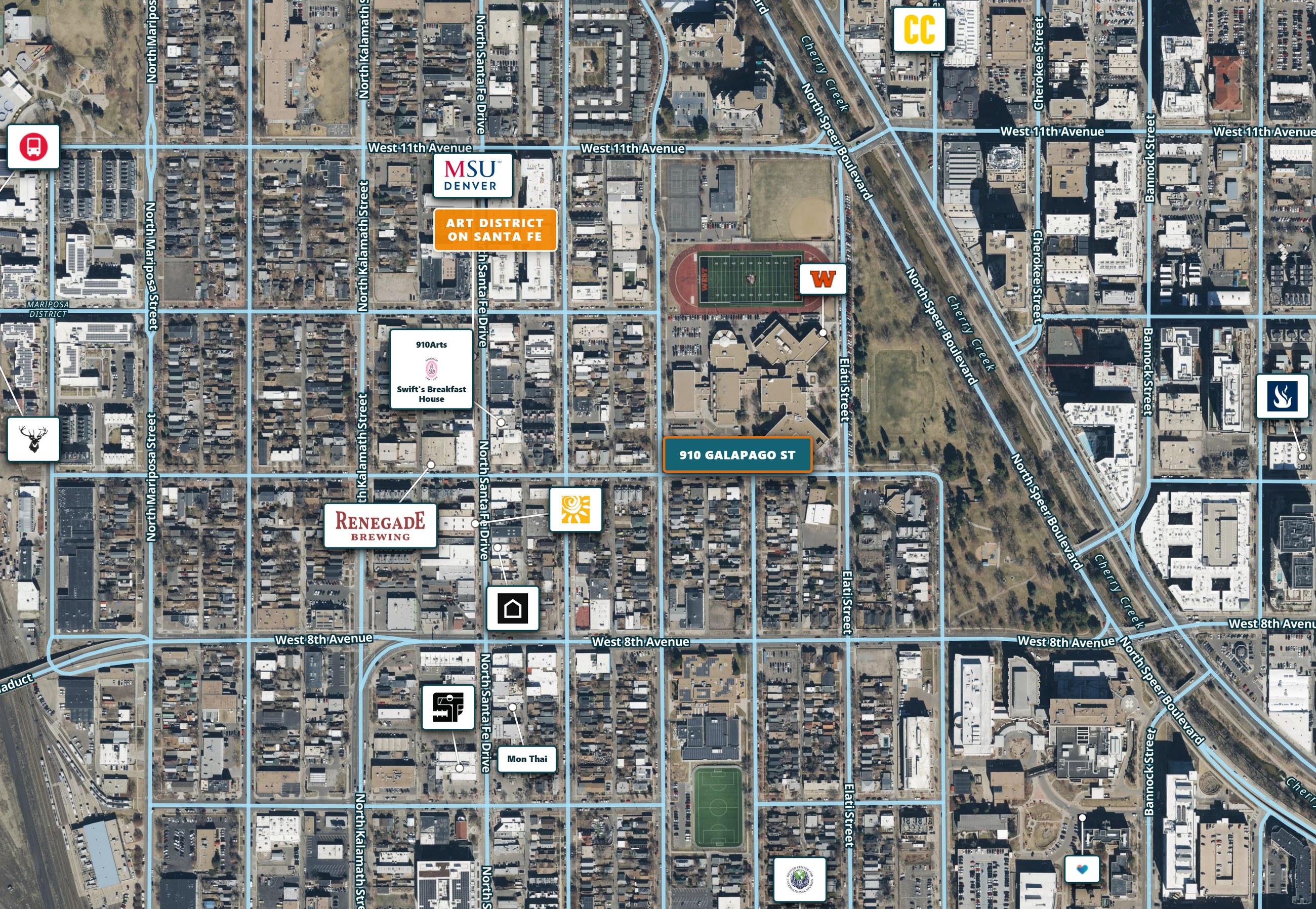 Retail trade area map of the Art District on Santa Fe around 910 Galapago St with nearby galleries, restaurants, schools, Denver Health and light rail