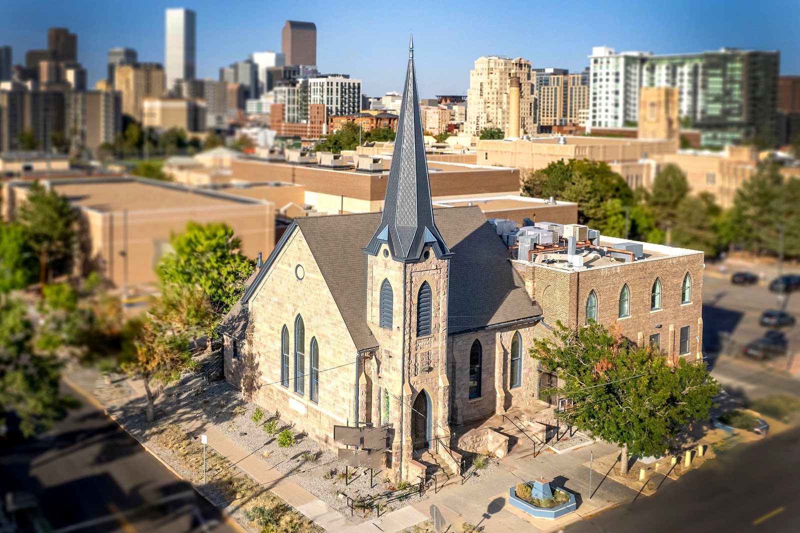 Aerial view of historic Smith's Chapel at 910 Galapago St, Denver